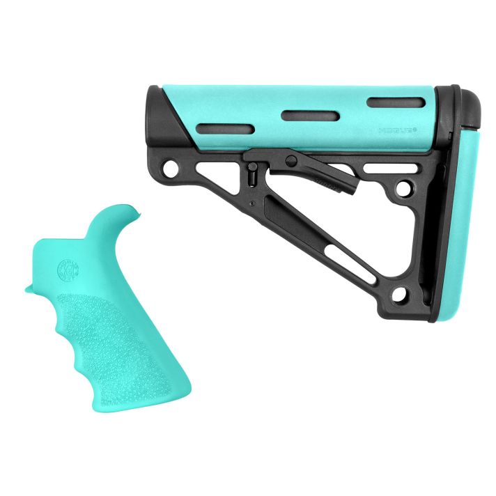 Hogue 13456 OverMolded 2-Piece Kit Collapsible Aqua OverMolded Rubber Black & Aqua Rubber Grip for AR15, M16 with Mil-Spec Tube (Tube Not Included)