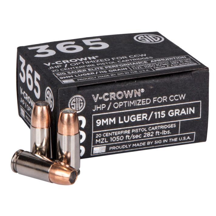 Sig Sauer E9MMA136520 Elite Performance 365 9mmLuger 115gr V-Crown Jacketed Hollow Point 20 Per Box/10 Case