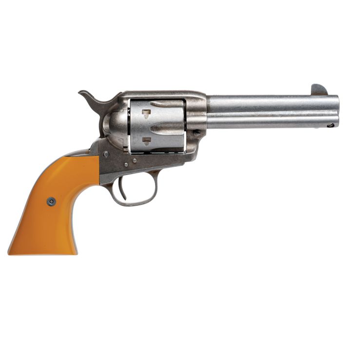 Cimarron RS410 Hollywood Series Rooster Shooter 45 Colt (LC) 6 Shot, 4.75" Trail Worn Blued Steel Barrel, Cylinder & Frame, Wide Front Sight, Aged-Looking Orange Finger Grooved Grip