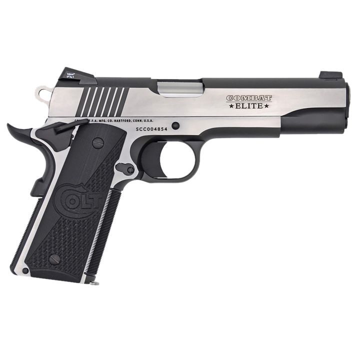 Colt Mfg O1072CE 1911 Combat Elite Government 9mm Luger 5" 9+1 Overall Two-Tone Elite Finish Stainless Steel Frame & Slide with Half Checkered & Scalloped Black G10 Grip & Night Sights