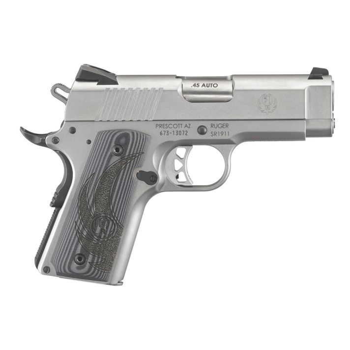 Ruger 6762 SR1911 Officer-Style 45 ACP 7+1 3.60" Stainless Steel Barrel, Serrated Stainless Steel Slide, Low-Glare Stainless Steel Frame w/Beavertail, Checkered Gray G10 Grip