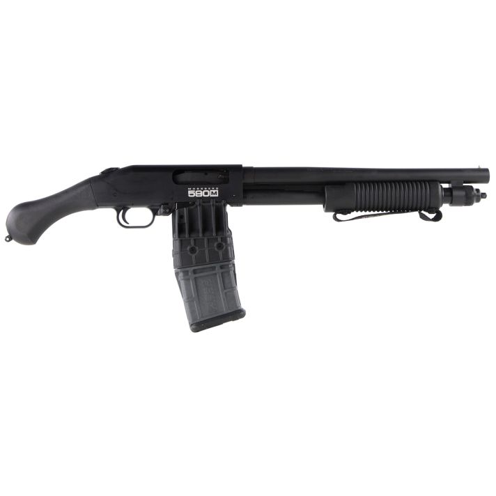 Mossberg 50208 590M Shockwave 12 Gauge Pump 2.75" 10+1 15" Matte Blued Heavy-Walled Barrel, Blued Stainless Steel Drilled & Tapped Receiver, Black Raptor Birdshead Grip