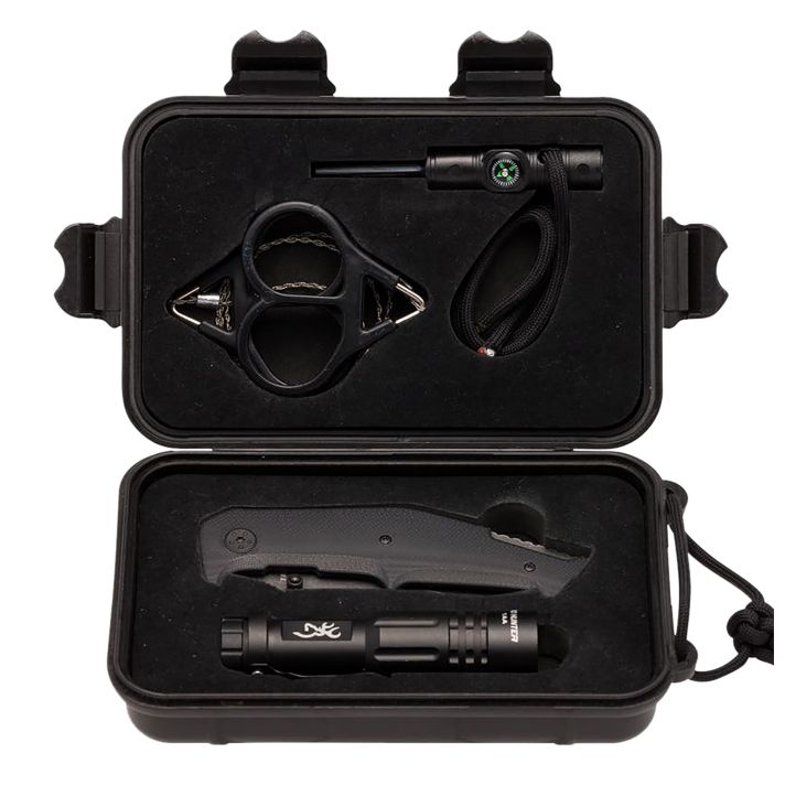 Browning 3220288 Outdoorsman Survival Kit 3.50" Folding Drop Point Plain Black Stonewashed 8Cr13MoV SS Blade/Black G10 Handle Includes Storage Case/Flashlight/Wire Saw/Fire Flint/Compass/Whistle