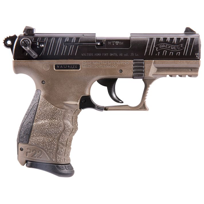Walther Arms 5120363 P22 *CA Compliant 22 LR 10+1 3.42" Matte Black Tenifer Serrated/Steel Slide, Flat Dark Earth Polymer Frame w/Picatinny Rail, Black Interchangeable Backstrap Grips