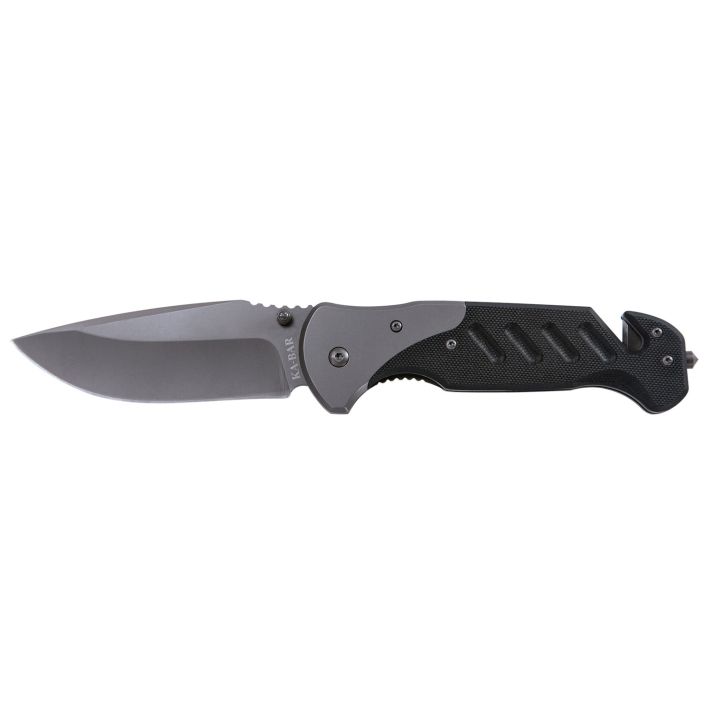 Ka-Bar 3085 Coypu3.75" Folding Clip Point Plain Stonewashed 5Cr15MoV SS Blade, Black G10 Handle, Features Glass Breaker/Seat Belt Cutter
