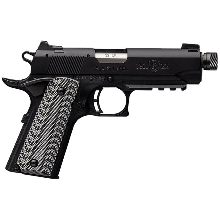 Browning 051821490 1911-22 Black Label Compact SR 22 LR 10+1 4.25" 3.50" Threaded Barrel, Matte Black Serrated Steel Slide & Polymer Frame w/Picatinny Rail & Beavertail, Black/Gray Textured G10 Grips
