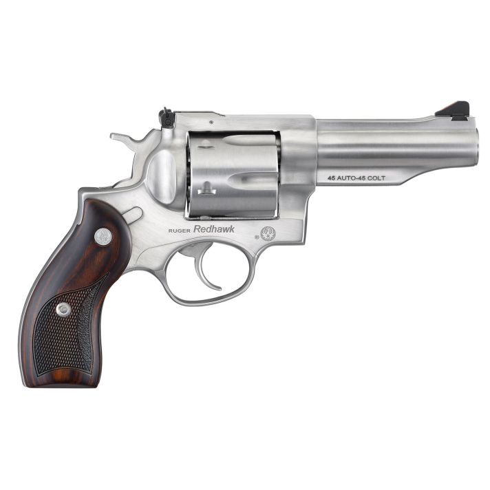 Ruger 5050 Redhawk45 ACP/45 Long Colt 6rd, 4.20" Satin Stainless Steel Barrel, Cylinder & Frame, Lasered Hardwood Grip, Exposed Hammer