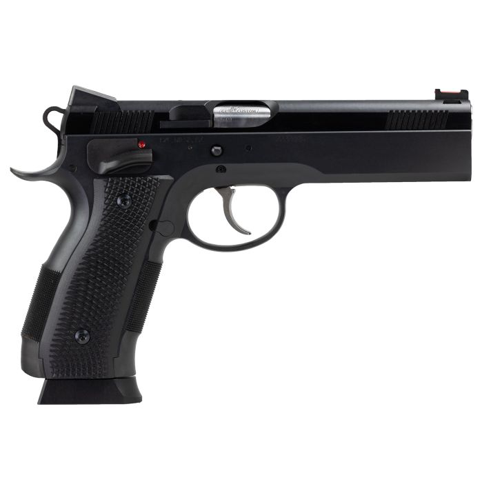 CZ-USA 91731 A01-LDFull Size Frame 9mm Luger 19+1 4.93" Black Match Grade Bull Barrel, Blued Serrated Steel Slide, Blued Steel Frame w/Beavertail, Black Checkered Polymer Grip