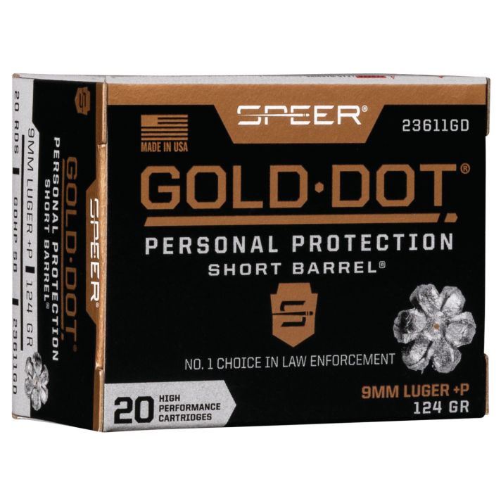 Speer 23611GD Gold Dot Personal Protection Short Barrel 9mmLuger+P 124gr Hollow Point 20 Per Box/10 Case