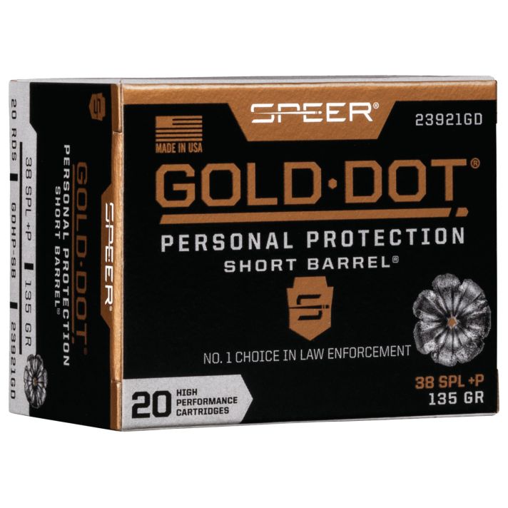 Speer 23921GD Gold Dot Personal Protection Short Barrel 38Special+P 135gr Hollow Point 20 Per Box/10 Case
