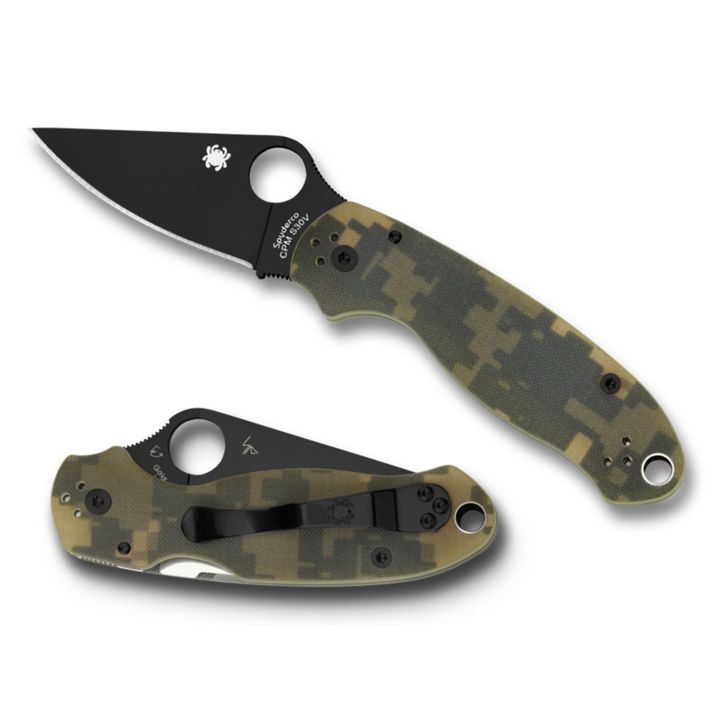 Spyderco C223GPCMOBK Para 32.95" Folding Drop Point Plain Black DLC CPM S30V SS Blade Camo G10 Handle Includes Pocket Clip