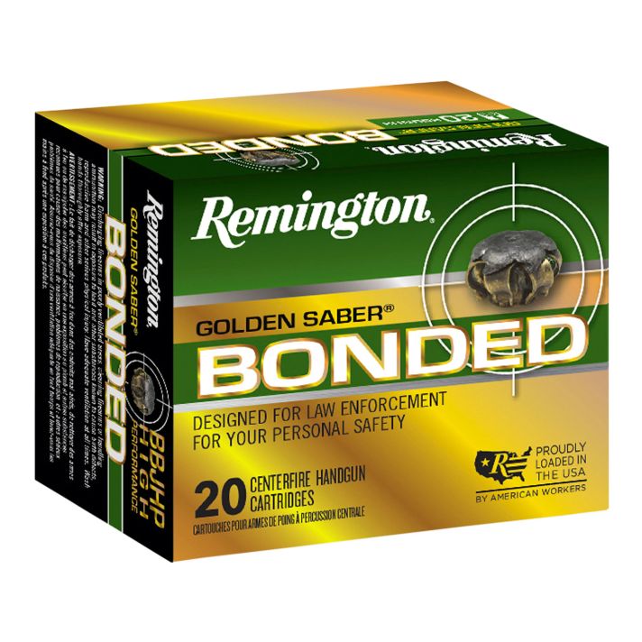 Remington Ammunition 29341 Golden Saber Bonded9mmLuger+P 124gr Bonded Brass Jacketed Hollow Point 20 Per Box/25 Case