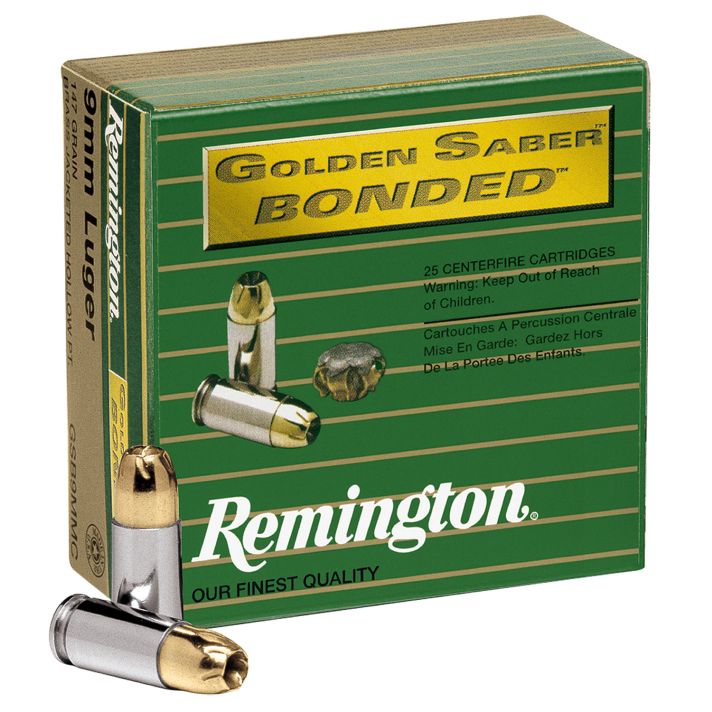 Remington Ammunition 29343 Golden Saber Bonded9mmLuger 147gr Bonded Brass Jacketed Hollow Point 20 Per Box/25 Case