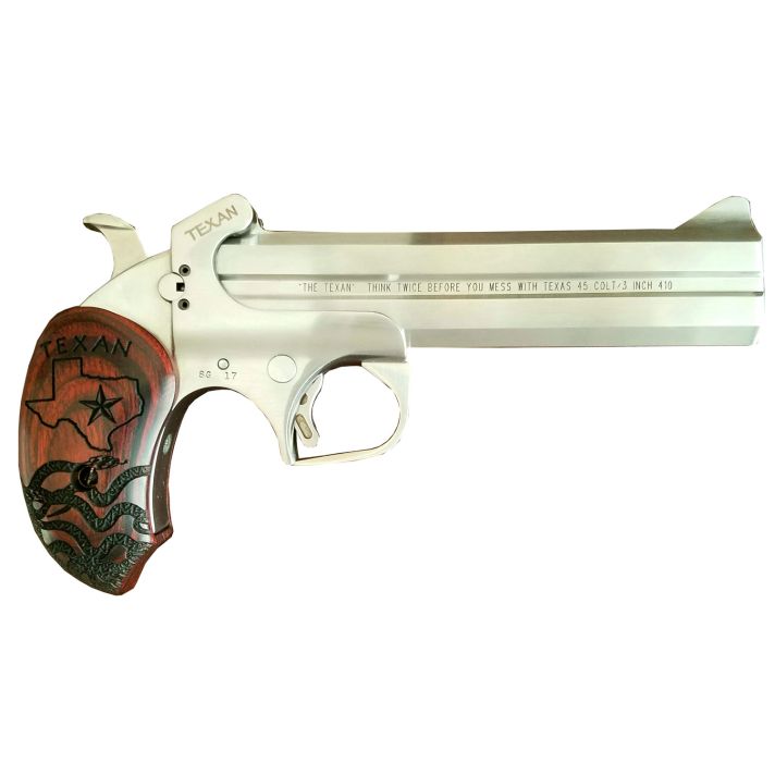 Bond Arms BATX TexanDerringer Single 45 Colt (LC)/410 Gauge 2rd, 6" Stainless Steel Double Barrel & Frame, Blade Front/Fixed Rear Sights, Custom Engraved Rosewood Grip, Manual Safety