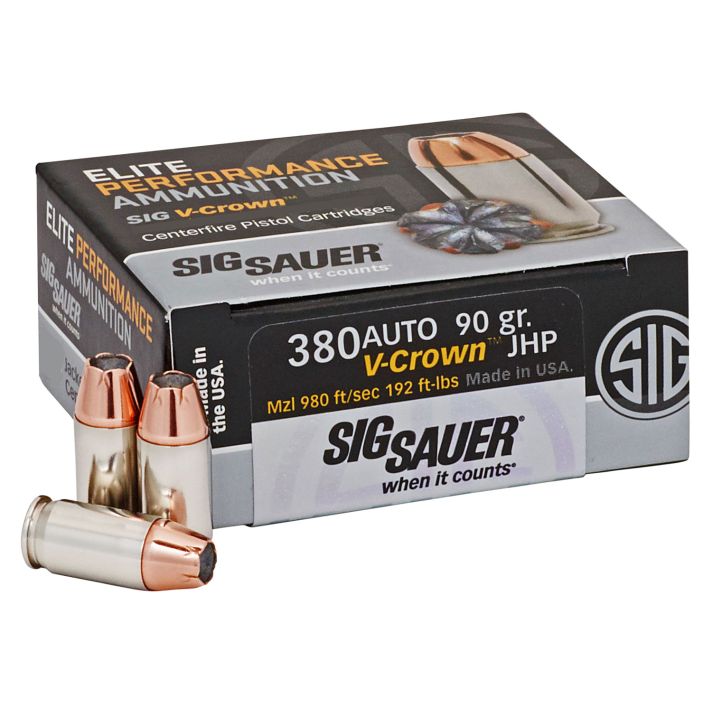 Sig Sauer E380A150 Elite Performance380ACP 90gr V-Crown Jacketed Hollow Point 50 Per Box/10 Case