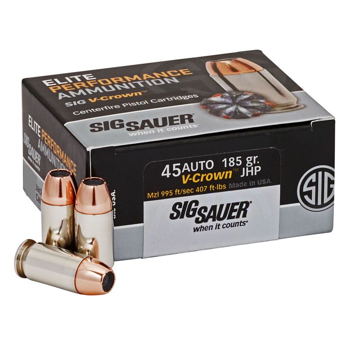 Sig Sauer E45AP050 Elite Performance45ACP 185gr V-Crown Jacketed Hollow Point 50 Per Box/10 Case