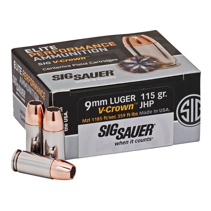 Sig Sauer E9MMA150 Elite Performance9mmLuger 115gr V-Crown Jacketed Hollow Point 50 Per Box/10 Case
