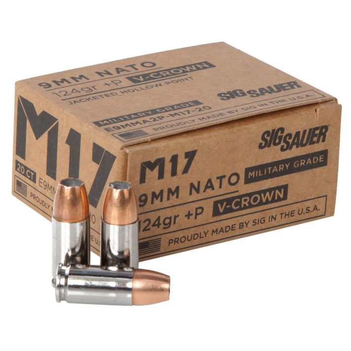 Sig Sauer E9MMA2PM1720 Military Grade M17 9mmLuger+P 124gr V-Crown Jacketed Hollow Point 20 Per Box/10 Case