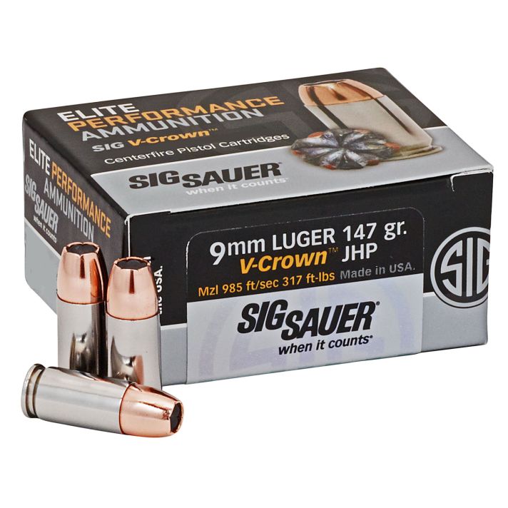 Sig Sauer E9MMA350 Elite Performance9mmLuger 147gr V-Crown Jacketed Hollow Point 50 Per Box/10 Case
