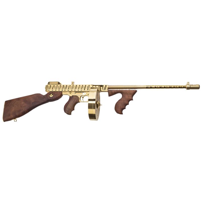 Thompson T150DTGTS 1927A-1 Deluxe 45 ACP Caliber with 16.50" Barrel, 20+1 Capacity (Stick), 50+1 Capacity (Drum), Gold w/Tiger Stripe Metal Finish, American Walnut Stock Wood Grip Right Hand