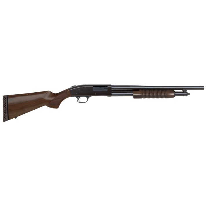 Mossberg 50429 500 Retrograde Full Size 12 Gauge Pump 3" 5+1 18.50" Blued Steel Barrel, Blued Drilled & Tapped Steel Receiver, Fixed Walnut Stock, Ambidextrous