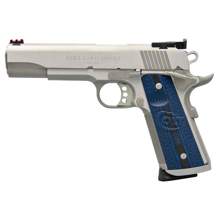 Colt Mfg O5073XE Gold Cup Trophy 38 Super 9+1 5" Stainless National Match Barrel, Stainless Steel Serrated Slide & Frame w/Beavertail, Blue Scalloped G10 Grip, Ambidextrous