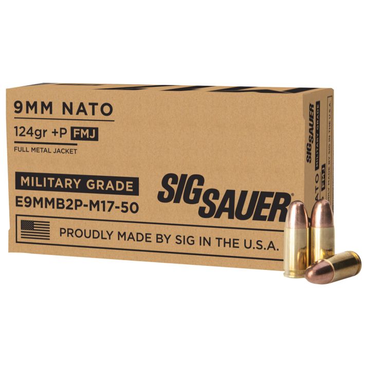 Sig Sauer E9MMB2PM1750 Military Grade M17 9mmLuger+P 124gr Full Metal Jacket 50 Per Box/20 Case