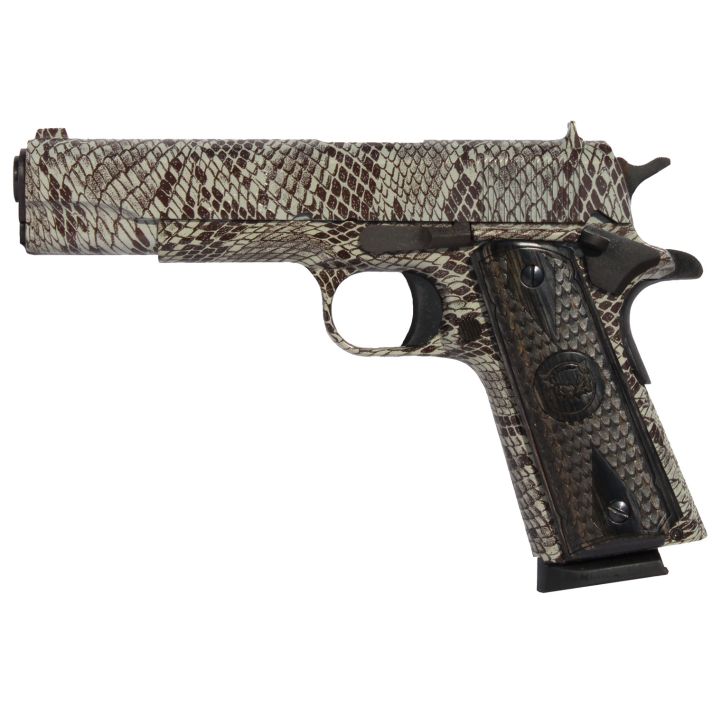 Iver Johnson Arms 1911A1COPPERHEAD 1911 A1 Copperhead 45 ACP 8+1 5" Black Steel Barrel, Tan Snakeskin Hydrographic Serrated Steel Slide & Frame w/Beavertail, Black Snakeskin Diamondwood Grip