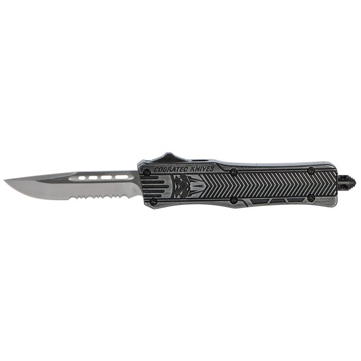 CobraTec Knives SSWCTK1SDS CTK-1Small 2.75" OTF Part Serrated D2 Steel Blade/Black Stonewashed Aluminum Handle Features Glass Breaker Includes Pocket Clip