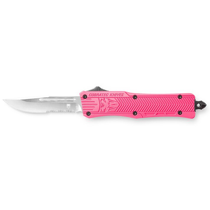 CobraTec Knives SPKCTK1SDS CTK-1Small 2.75" OTF Drop Point Part Serrated D2 Steel Blade/ Pink Aluminum Handle Features Glass Breaker Includes Pocket Clip