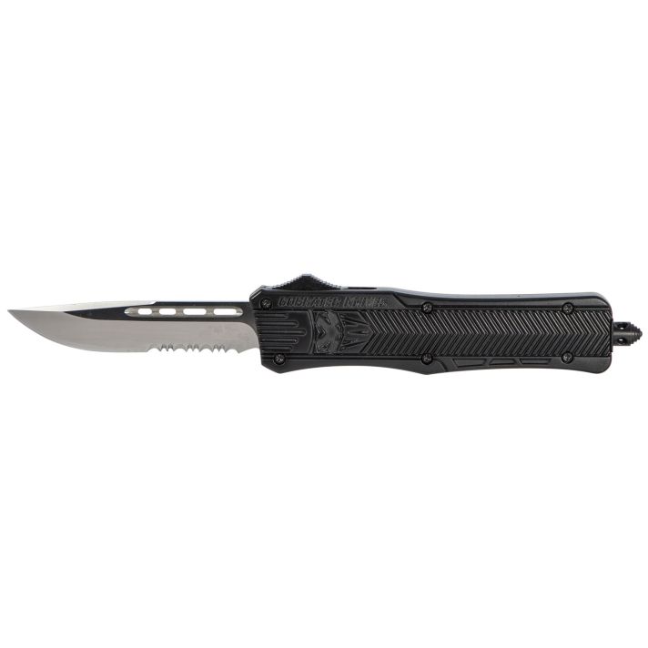 CobraTec Knives MBCTK1MDS CTK-1Medium 3" OTF Drop Point Part Serrated D2 Steel Blade/Black Aluminum Handle Features Glass Breaker Includes Pocket Clip