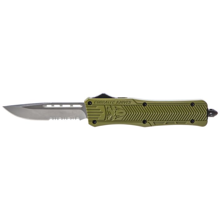 CobraTec Knives MODCTK1MDS CTK-1Medium 3" OTF Drop Point Part Serrated D2 Steel Blade/OD Green Aluminum Handle Features Glass Breaker Includes Pocket Clip
