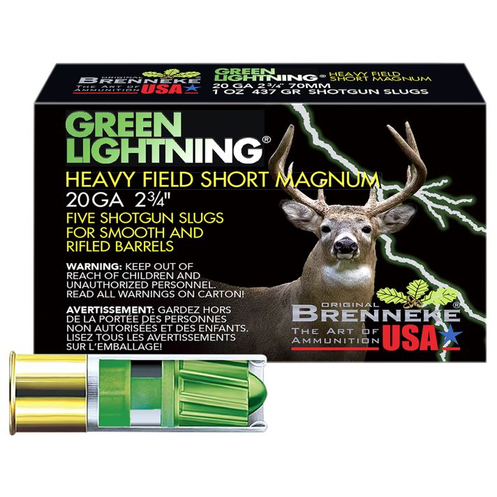 Brenneke SL202HFSGL Green Lightning Heavy Field Short Magnum 20Gauge 2.75" 1oz Slug Shot 5 Per Box/50 Case