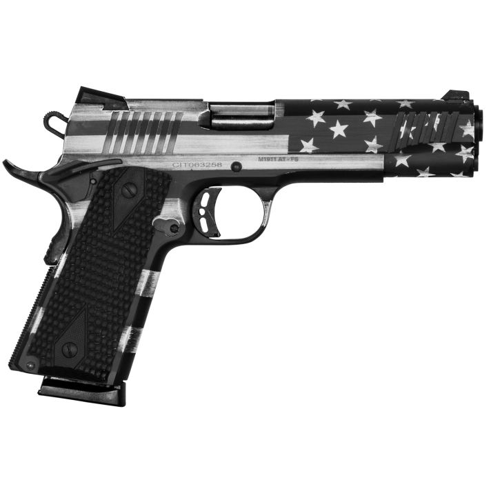 Citadel CITC45FSPUSG M1911 Flag 45 ACP 8+1, 5" Stainless Steel Barrel, American Flag Gray Cerakote Serrated Steel Slide, Frame w/Beavertail, Features Matching Ammo Can, Ambidextrous