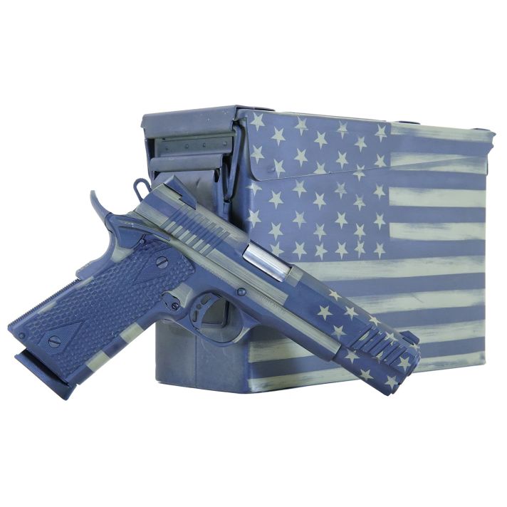 Citadel CITC45FUSBAC M1911 Flag 45 ACP 8+1 5" Stainless Steel Barrel, American Flag Bazooka Green Cerakote Serrated Steel Slide, Steel Frame w/Beavertail, Features Matching Ammo Can, Ambidextrous