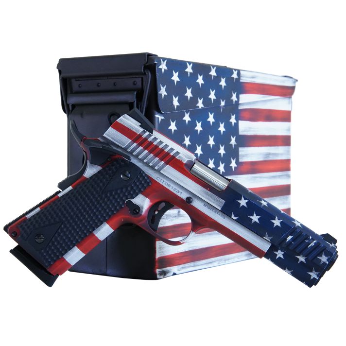 Citadel CITC45FUSAAC M1911 Flag 45 ACP 8+1, 5" Stainless Steel Barrel, American Flag Cerakote Serrated Steel Slide, Steel Frame w/Beavertail, Features Matching Ammo Can, Ambidextrous