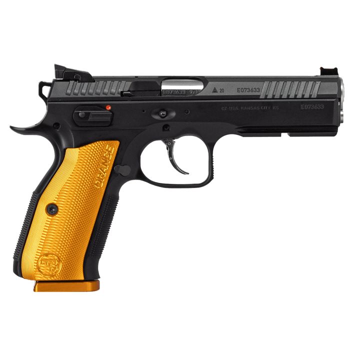 CZ-USA 91249 Shadow 29mm Luger 17+1 4.89" Stainless Steel Barrel, Black Nitride Serrated Steel Slide, Black Polycoat Steel Frame w/Beavertail & Picatinny Rail, Orange Aluminum Grip, Ambidextrous