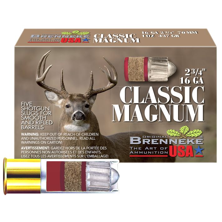 Brenneke SL162CLM Classic Magnum16Gauge 2.75" 1oz Slug Shot 5 Per Box/50 Case