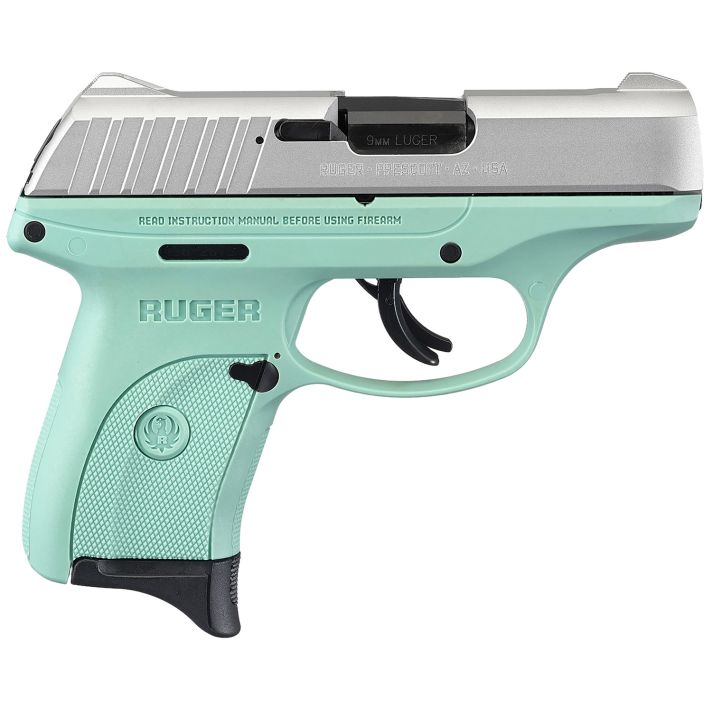 Ruger 13200 EC9sCompact Frame 9mm Luger 7+1, 3.12" Black Steel Barrel, Aluminum Cerakote Serrated Steel Slide, Turquoise Polymer Frame, Turquoise Grip, Manual/Trigger Safety, Right Hand