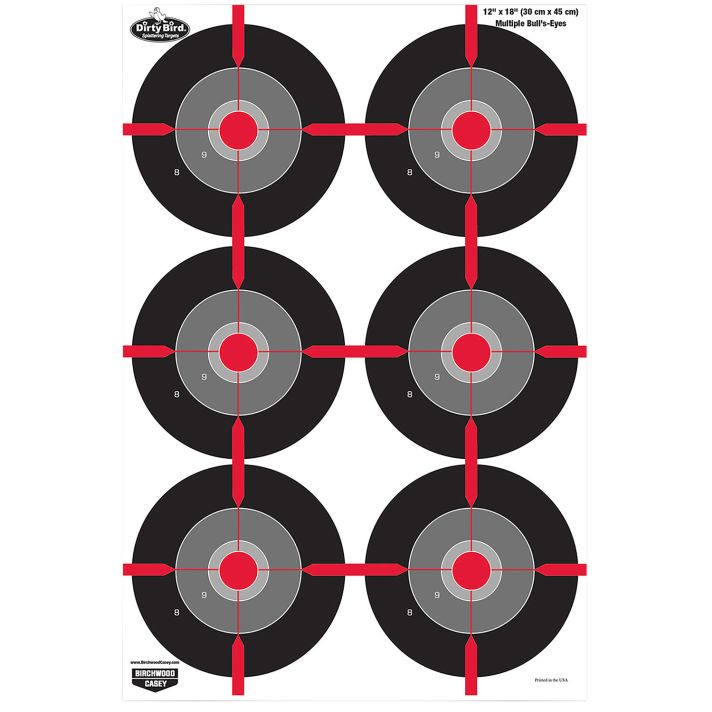 Birchwood Casey 35705 Dirty BirdMultiple Bullseye Tagboard Hanging Pistol 12" x 18" Black/Red/Gray White Impact Splatter 8 Per Pkg