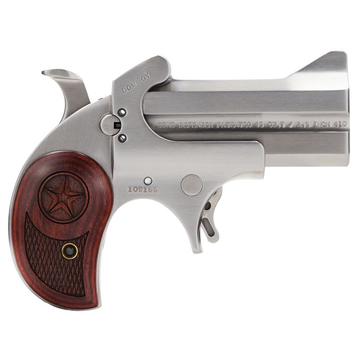 Bond Arms BACD Cowboy Defender 45 Colt (LC)/410 Gauge 2rd 3" Barrel, Stainless Metal Finish, Blade Front/Fixed Rear Sights, Laminated Rosewood Grip, No Trigger Guard, Manual Safety