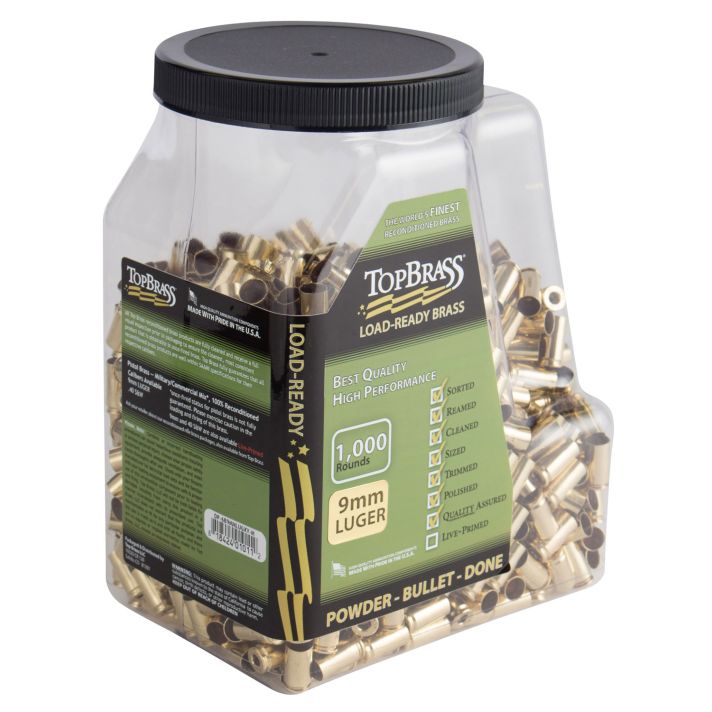 Top Brass 6B9MMLUGXYMJ Premium Reconditioned Unprimed Cases 9mmLuger Handgun Brass 1000/Jug