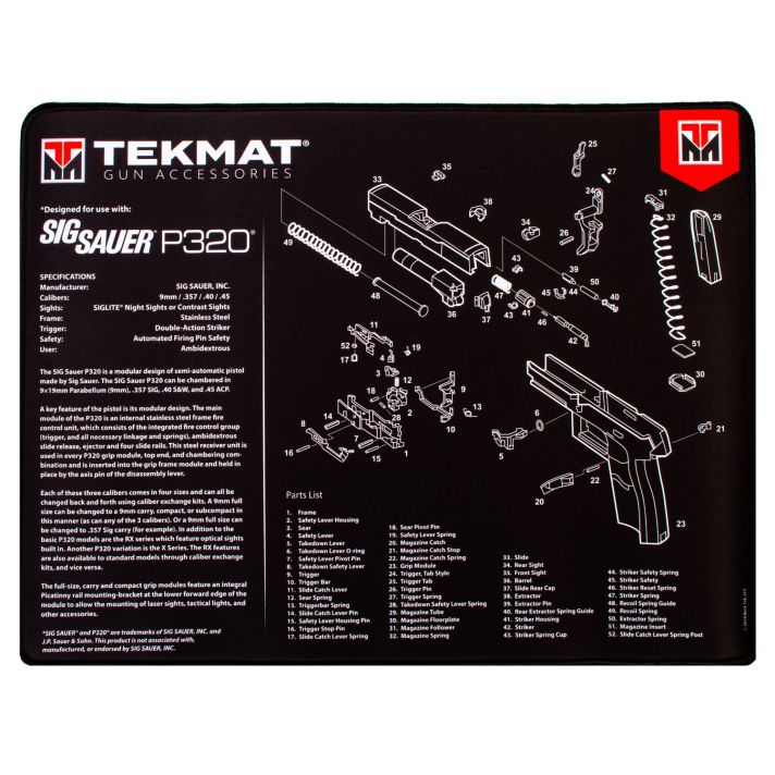TekMat TEKR20SIGP320 Sig Sauer P320 Ultra 20 Cleaning Mat Black/White Rubber 15"x20" Sig P320 Parts Diagram