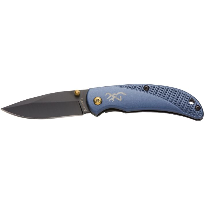 Browning 3220341 Prism 3EDC Folding 2.38" Plain Black Oxide 7Cr17MoV SS Blade, Navy w/Brass Accents & Logo Anodized Aluminum Handle, Includes Pocket Clip