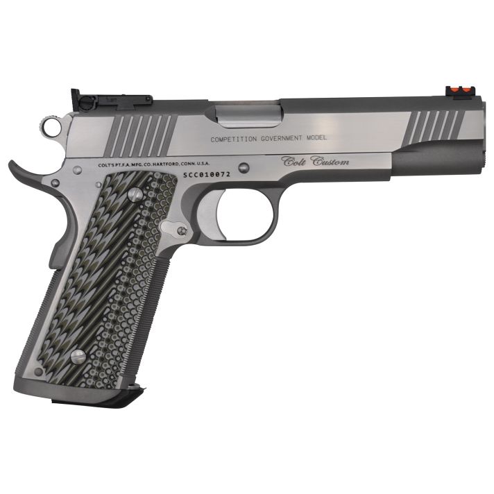 Colt Mfg O1073CS Custom Competition 38 Super 9+1 5" Stainless National Match Barrel, Brushed Stainless Steel Serrated Slide & Frame w/Beavertail, Black G10 Grip, Ambidextrous