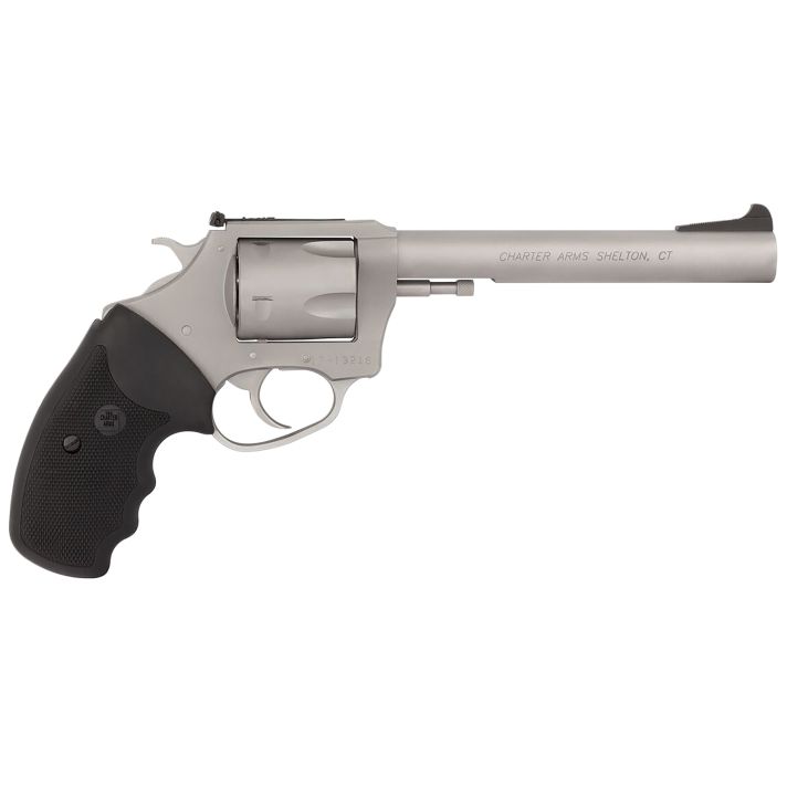 Charter Arms 79960 PitbullLarge 9mm Luger, 5 Shot 6" Matte Stainless Steel Barrel, Cylinder & Frame w/Black Finger Grooved Rubber Grip