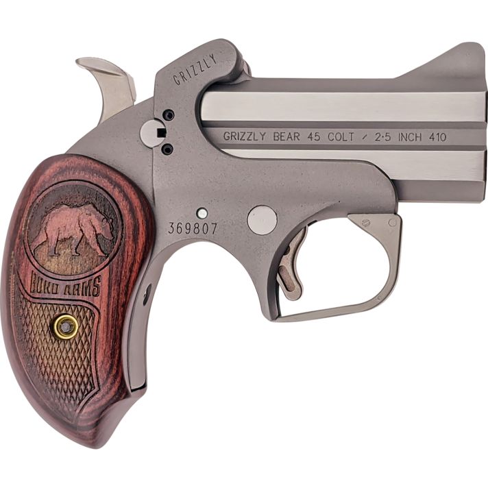 Bond Arms BAGR Grizzly45 Colt (LC)/410 Gauge 2rd 3" Stainless Steel Double Barrel & Frame, Rebounding Hammer, Blade Front/Fixed Rear Sights, Rosewood Grips, Manual Safety