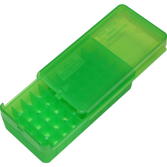 MTM Case-Gard P50SS4516 Side-Slide Ammo Box Pistol Multi-Caliber Handgun Clear Green Plastic 50rd