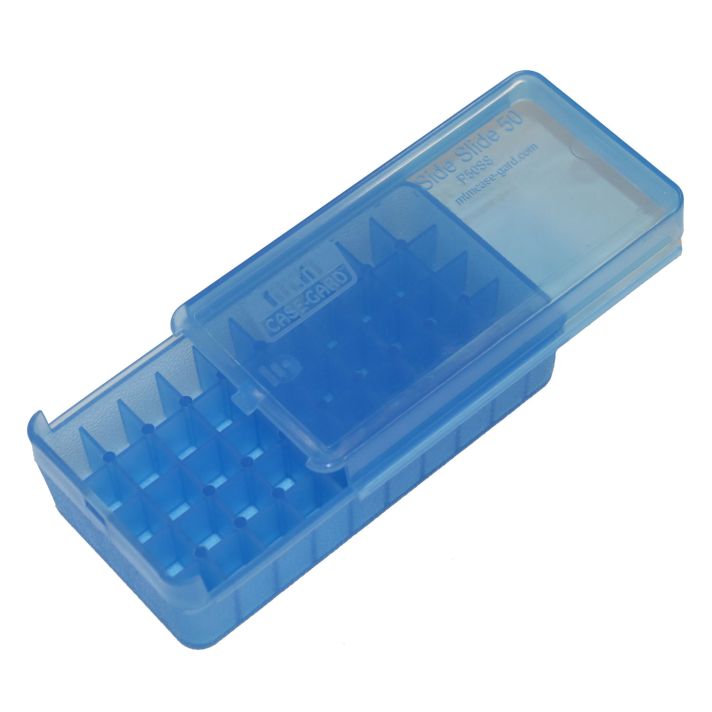 MTM Case-Gard P50SS4524 Side-Slide Ammo Box Pistol Multi-Caliber Handgun Clear Blue Plastic 50rd