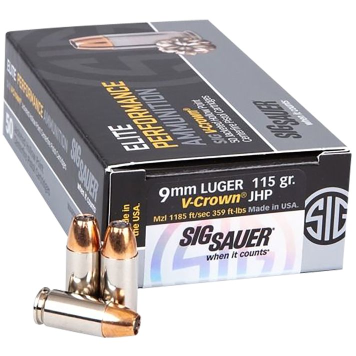 Sig Sauer E9MMA1COMP50 Match Elite Competition9mmLuger 115gr V-Crown Jacketed Hollow Point 50 Per Box/20 Case
